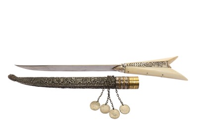 Lot 338 - A BONE AND RESIN-HILTED YATAGHAN DAGGER WITH SILVER REPOUSSÉ SCABBARD