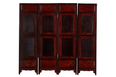 Lot 104 - A CHINESE FAMILLE ROSE BURLWOOD FOUR-FOLD SCREEN.