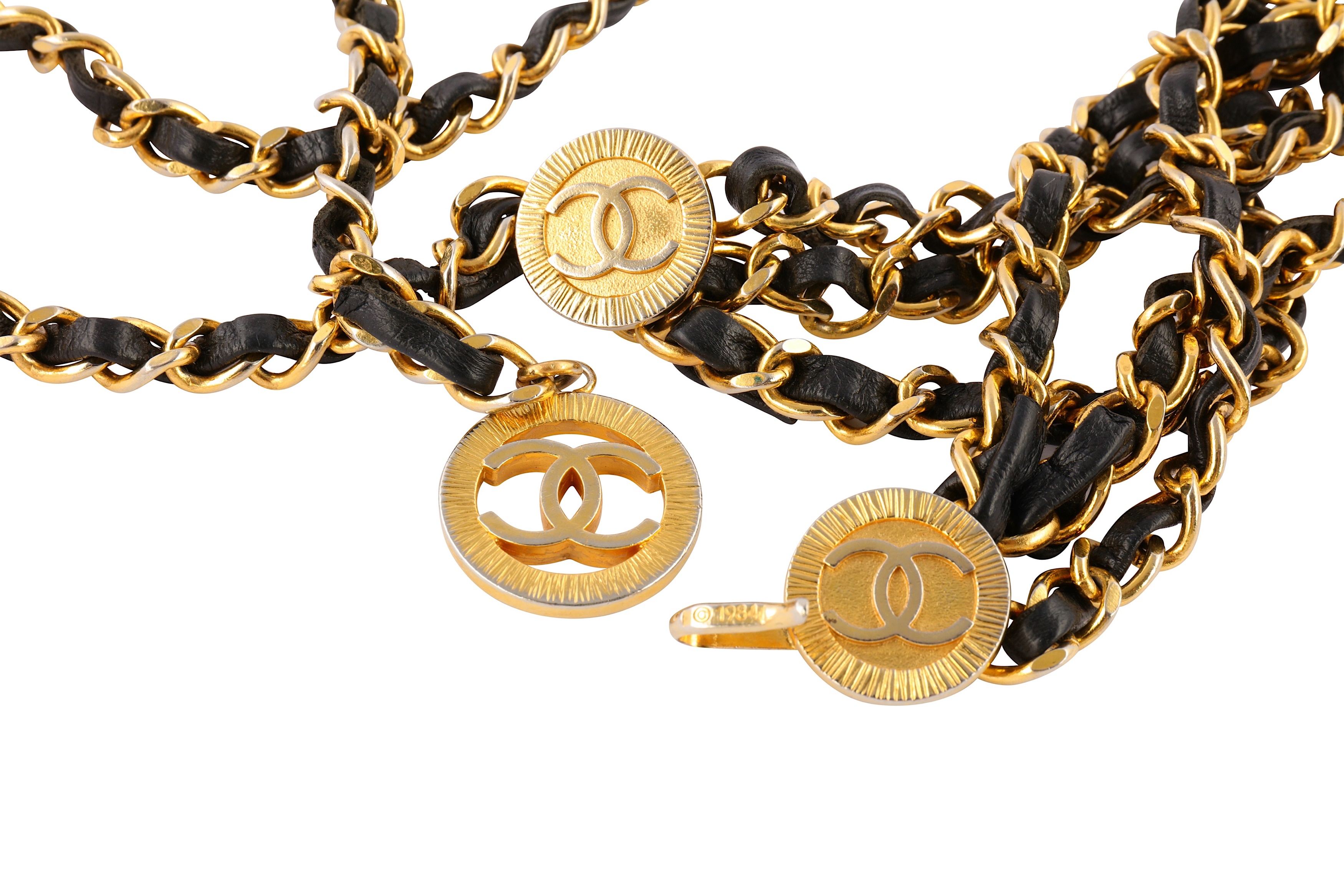 Lot - Chanel Gold Chain & Black Leather Belt