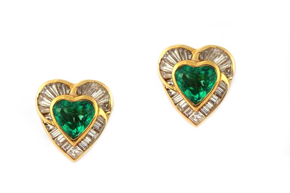 Lot 119 - A pair of emerald and diamond earclips, by H. Stern