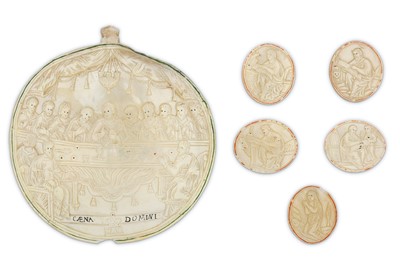 Lot 307 - λ SIX CARVED MOTHER-OF-PEARL SHELL PLAQUES WITH CHRISTIAN IMAGERY