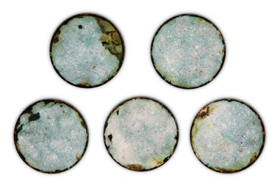 Lot 244 - FIVE POLYCHROME-ENAMELLED CALLIGRAPHIC BUTTON FITTINGS
