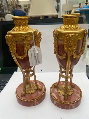 Lot 57 - A PAIR OF FRENCH PINK MARBLE AND GILT BRONZE MOUNTED CASSOULETTES, LATE 19TH/EARLY 20TH CENTURY