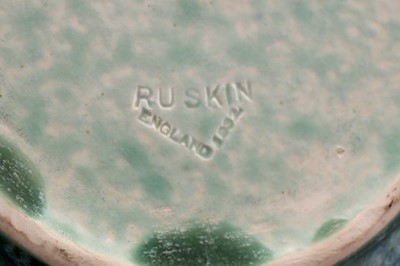 Lot 8 - RUSKIN POTTERY: A Ruskin celadon and blue pottery crystalline glazed vase