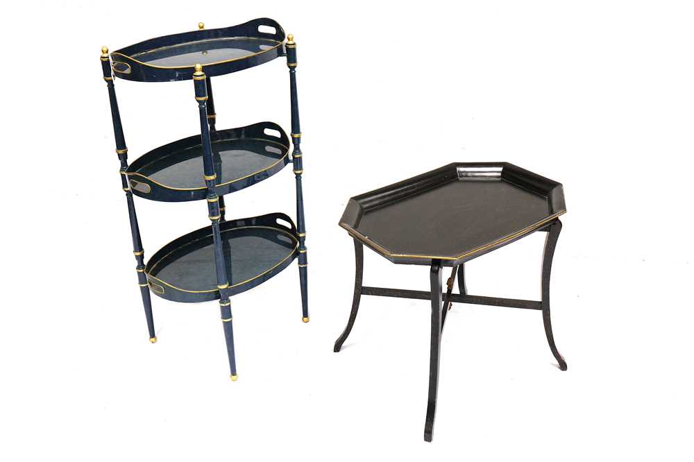 Lot 465 - A late 20th Century Italian blue painted and parcel gilt metal three tier etagere