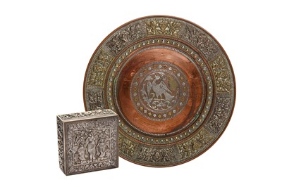 Lot 324 - A SILVER AND BRASS-OVERLAID COPPER DISH AND BOX