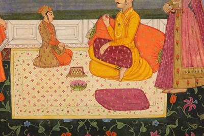 Lot 211 - AN ALBUM PAGE DEPICTING A RAJA AND A YOUNG PRINCE ON A TERRACE