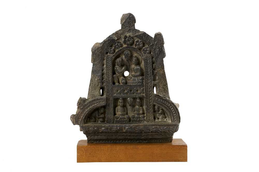 Lot 154 - A GREY SCHIST CARVED GABLE RELIEF WITH A BUDDHA IN MEDITATION