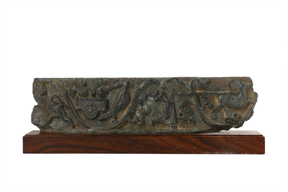 Lot 172 - A GREY SCHIST CARVED FRIEZE WITH A HUNTING SCENE