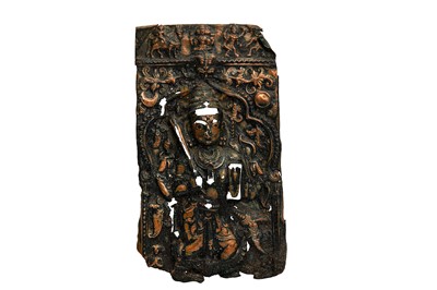 Lot 198 - A YALI BRASS SHRINE STAND AND A COPPER PLAQUE OF VIRABHADRA