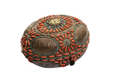 Lot 349 - λ A CORAL, TURQUOISE AND IVORY-ENCRUSTED COPPER CASKET
