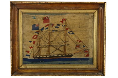 Lot 138 - SAILOR MADE WOOLWORK EMBROIDERY OF A BRITISH SHIP-OF-THE-LINE (C.19TH CENTURY)