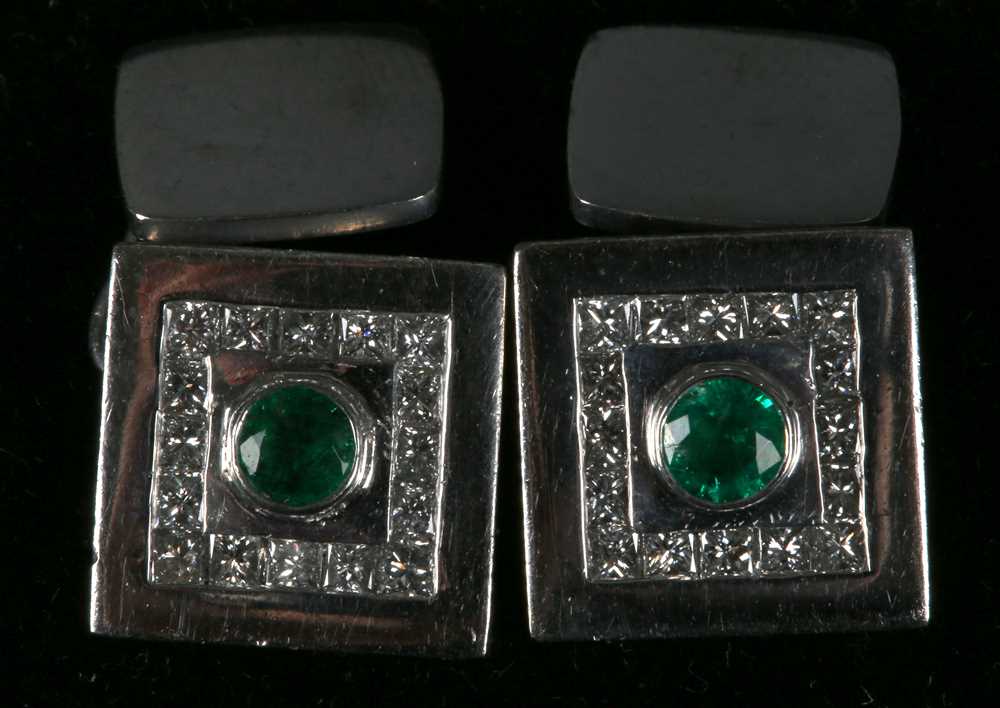 Lot 219 - A pair of 18ct white gold, emerald and diamond...