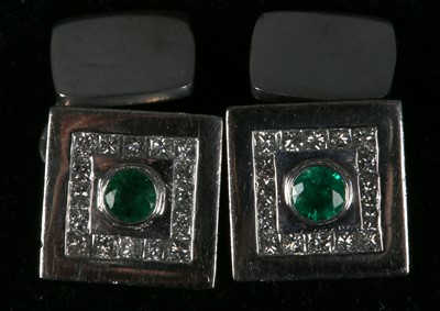 Lot 219 - A pair of 18ct white gold, emerald and diamond...