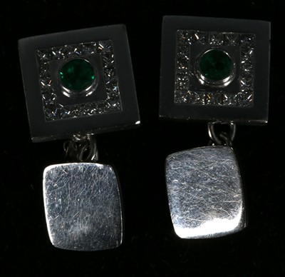 Lot 219 - A pair of 18ct white gold, emerald and diamond...