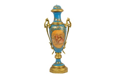 Lot 301 - A French 19th Century bleu celeste Sevres style porcelain twin handled pedestal vase