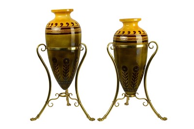 Lot 384 - A duo of 20th century German Brass Mounted Stoneware Amphora Vases
