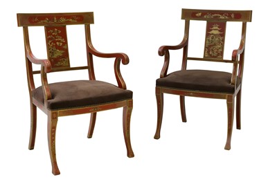 Lot 276 - A Pair of Red Laquered Chinese-Inspired Armchairs