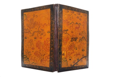 Lot 252 - A LACQUERED PAPIER-MÂCHÉ BOOK BINDING IN SAFAVID REVIVAL STYLE