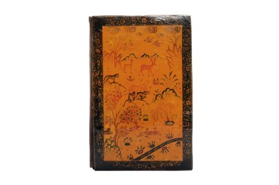 Lot 252 - A LACQUERED PAPIER-MÂCHÉ BOOK BINDING IN SAFAVID REVIVAL STYLE