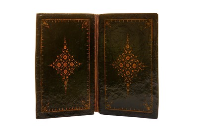Lot 252 - A LACQUERED PAPIER-MÂCHÉ BOOK BINDING IN SAFAVID REVIVAL STYLE