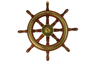Lot 341 - A stained hardwood and brass eight point ships wheel