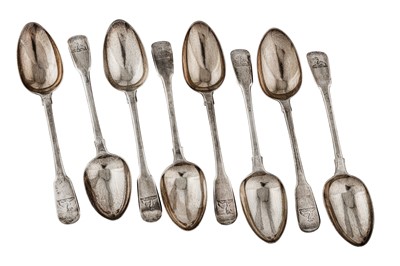 Lot 221 - A set of eight George IV sterling silver table spoons, London 1825 by John Hawkins