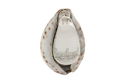 Lot 239 - A George III Scottish unmarked silver mounted cowrie shell snuff box, circa 1800