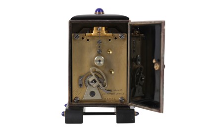 Lot 32 - A VERY FINE FRENCH ART DECO ONYX, MOTHER OF PEARL AND ENAMELLED SILVER GILT MINIATURE TRAVELLING CARRIAGE CLOCK BY LINZELER & MARCHAK