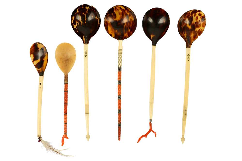Lot 354 - A collection of Ottoman ivory, coral and tortoishell sherbet spoons