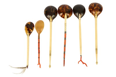 Lot 354 - A collection of Ottoman ivory, coral and tortoishell sherbet spoons