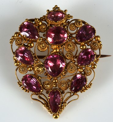 Lot 209 - A Georgian gold and pink topaz filigree brooch.