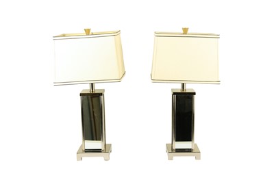 Lot 497 - A pair of contemporary mirrored table lamps with shades
