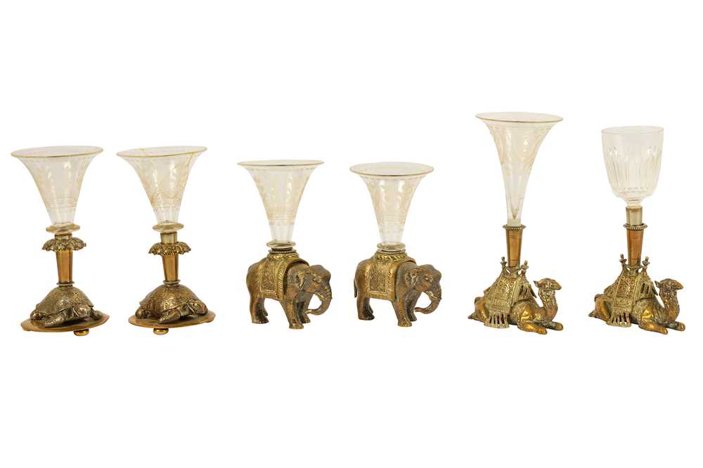 Lot 310 - A set of six Victorian bronze and glass figurative single epergnes
