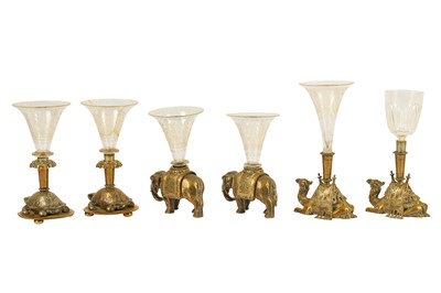 Lot 310 - A set of six Victorian bronze and glass figurative single epergnes