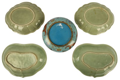 Lot 359 - Four 19th century Chinese celadon dishes with famille rose decoration