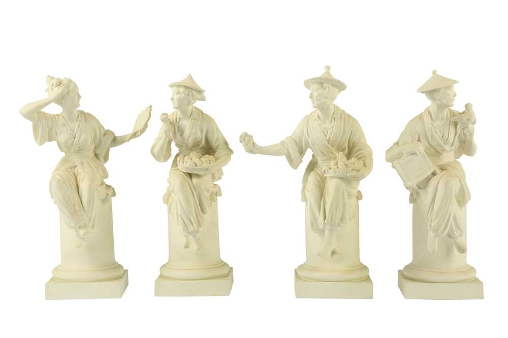 Lot 364 - Modelled by A Azori, a set of four 20th century Royal Worcester biscuit Chinoiserie figures