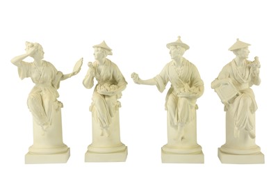 Lot 319 - Modelled by A Azori, a set of four 20th century Royal Worcester biscuit Chinoiserie figures