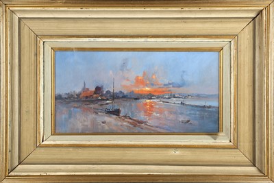 Lot 55 - Oils on board an extensive coastal scene with...