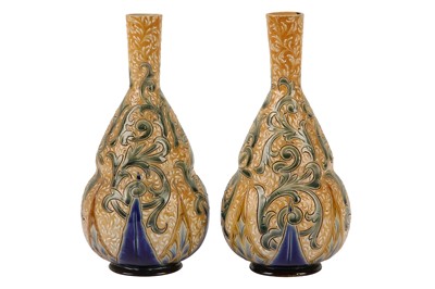 Lot 372 - A pair of Victorian Doulton Lambeth stoneware double gourd vases