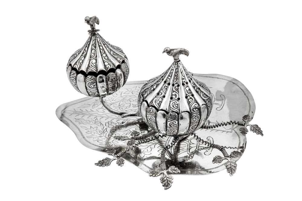 Lot 104 - An early 20th century Iraqi unmarked silver spice box (besamim), Baghdad circa 1920
