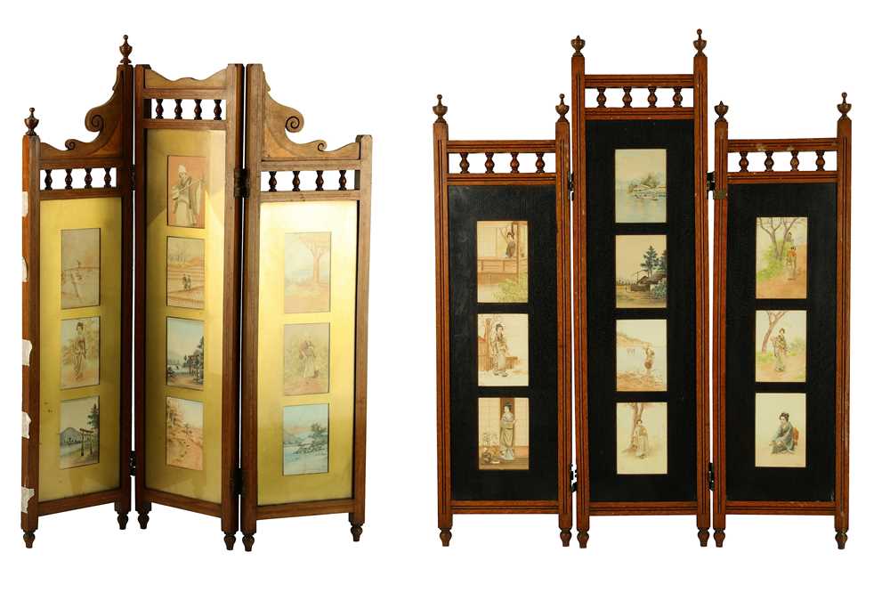 Lot 345 - A near pair of Aesthetic period screens, each with ten watercolour panels by Tsutaya Ryuko