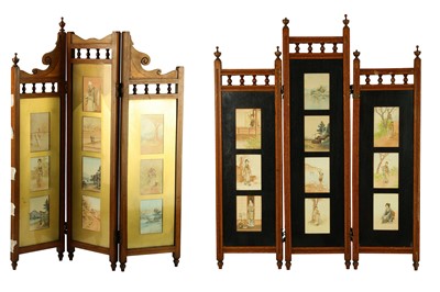 Lot 455 - A near pair of Aesthetic period screens, each with ten watercolour panels by Tsutaya Ryuko