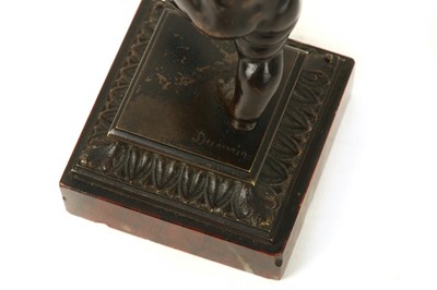Lot 633 - ÉTIENNE-HENRI DUMAIGE (FRENCH, 1830-1888): A SMALL BRONZE STATUETTE OF A PUTTO