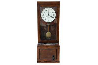 Lot 636 - A 20TH CENTURY ENGLISH OAK WALL MOUNTED INDUSTRIAL TIME RECORDER OR PUNCH CARD CLOCK