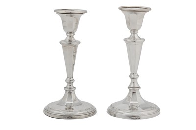 Lot 357 - A pair of George V sterling silver desk candlesticks, Sheffield 1928 by Walker and Hall
