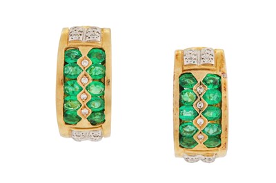 Lot 57 - An emerald and diamond bangle, earrings, and ring suite