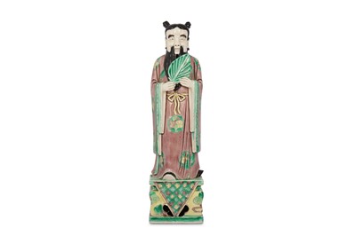 Lot 64 - A CHINESE FAMILLE VERTE BISCUIT FIGURE OF AN IMMORTAL.