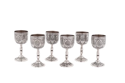 Lot 96 - A set of six mid-20th century Iranian (Persian) unmarked silver spirit cups, Isfahan circa 1960