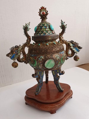 Lot 41 - A CHINESE WHITE METAL ENAMELLED INCENSE BURNER AND COVER.